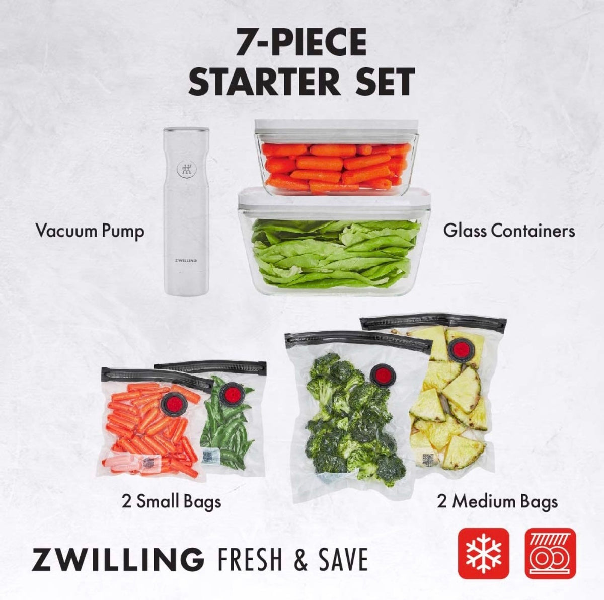 ZWILLING Fresh & Save Vacuum Sealer Machine Starter Set, Sous Vide Bags, Meal prep, Airtight Food Storage Containers
