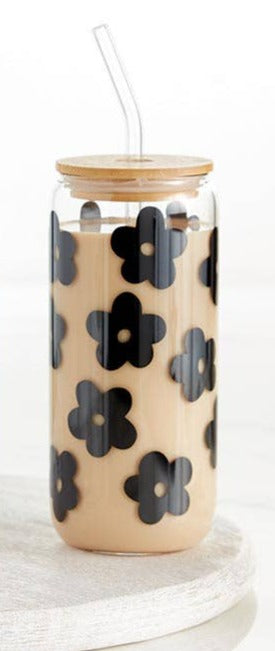 Glass Cold Brew Tumbler - Black Flowers