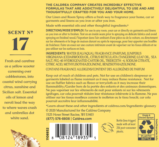 Caldrea Sea Salt Neroli Linen & Room Spray with Soap Bark & Aloe