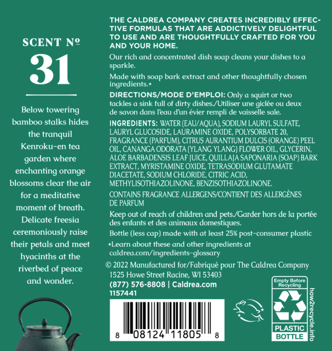 Caldrea Orange Blossom Bamboo Dish Soap with Aloe & Orange Peel Oil