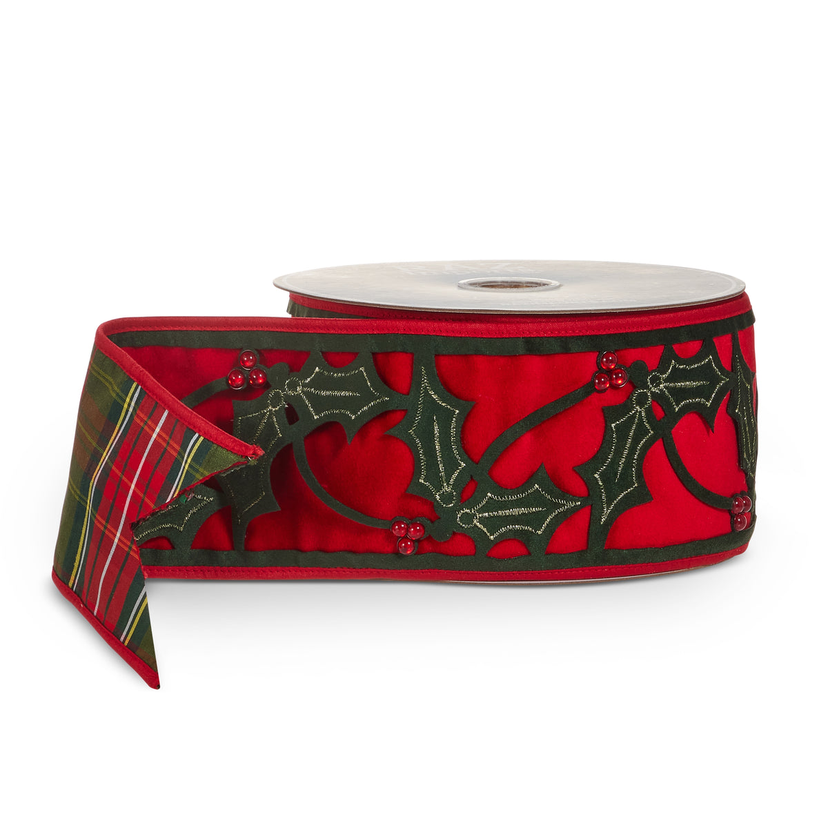 Velvet and Plaid Holly Wired Ribbon 4" X 10 Yds