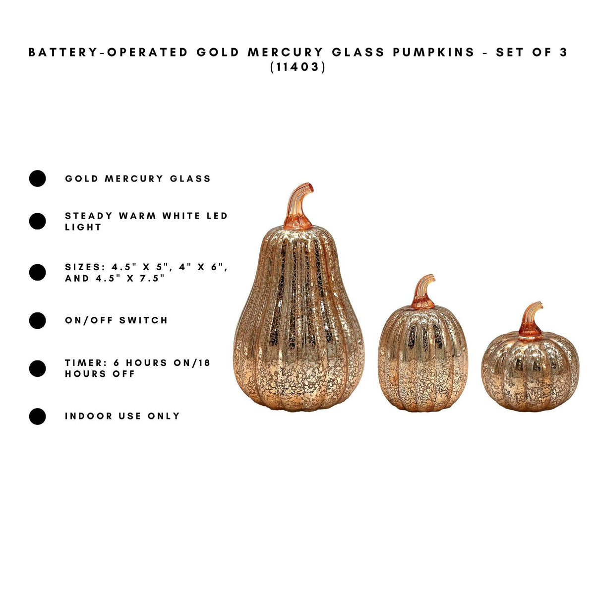 Gold Mercury Glass  Battery-Operated Pumpkins - Set of 3
