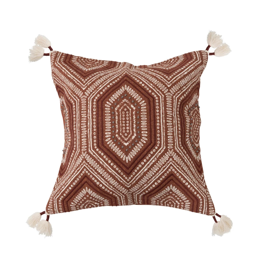 Bloomingville 18" Cotton Printed Pillow w/ Embroidery & Tassels, Polyester Fill