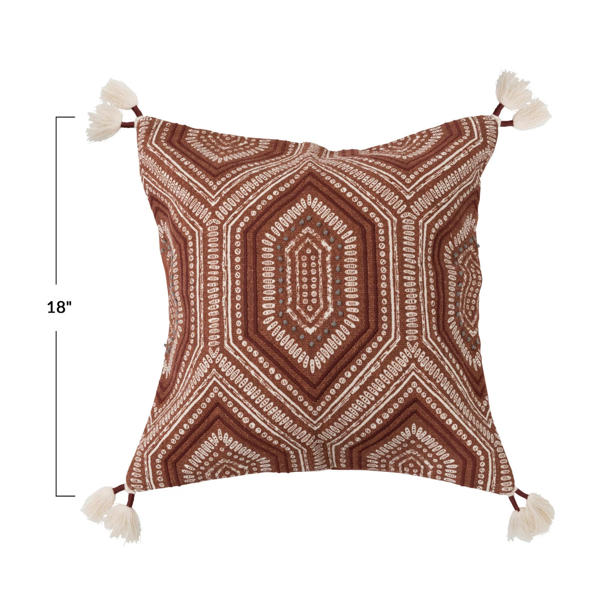 18" Cotton Printed Pillow w/ Embroidery & Tassels, Polyester Fill