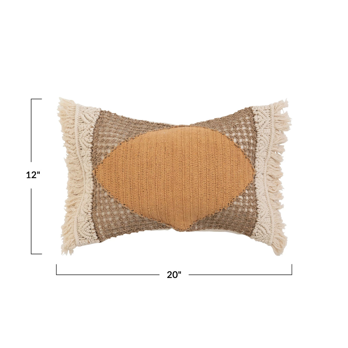 Hand Woven Cotton & Jute Lumbar Pillow w/ Macramé, Crochet & Fringe
