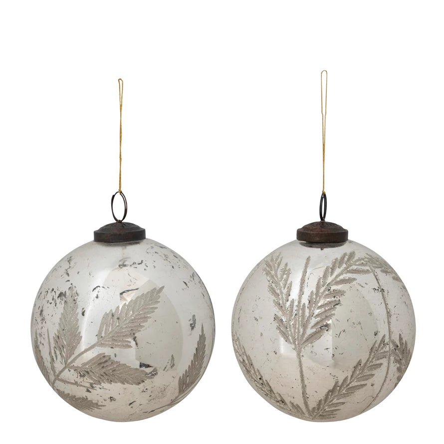 5” Round Mercury Glass Ornament w/ Botanical Design / Silver