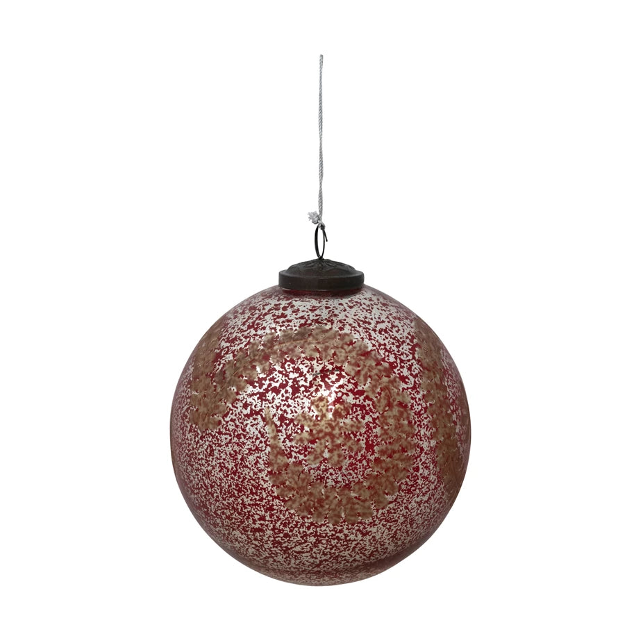 Creative Coop 6” Round Mercury Glass Ornament w/ Garland Design / RED
